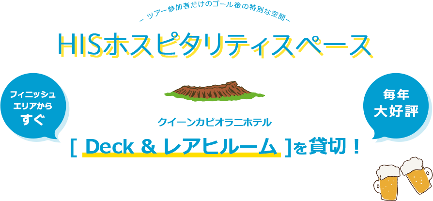 -ツアー参加者だけのゴール後の特別な空間-HISホスピタリティスペース クイーンカピオラニホテル [ Deck & レアヒルーム ]を貸切！