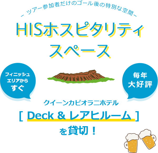 -ツアー参加者だけのゴール後の特別な空間-HISホスピタリティスペース クイーンカピオラニホテル [ Deck & レアヒルーム ]を貸切！